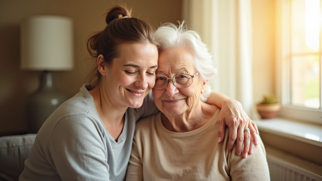 Adult child and senior parent sitting together looking out window with peaceful expression