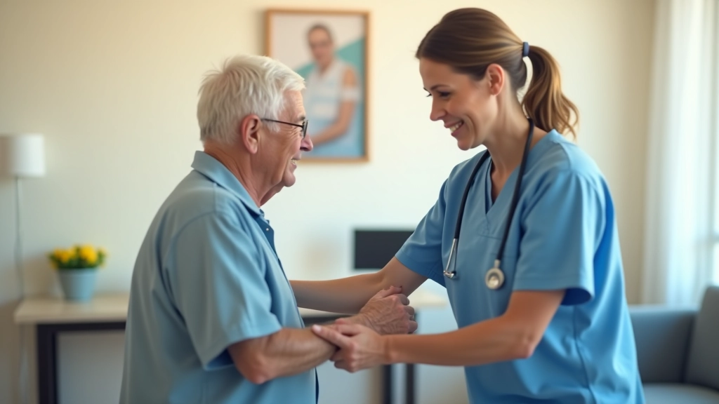 Caregiver assisting elderly gentleman with daily activities in clean, well-lit nursing home room with modern equipment