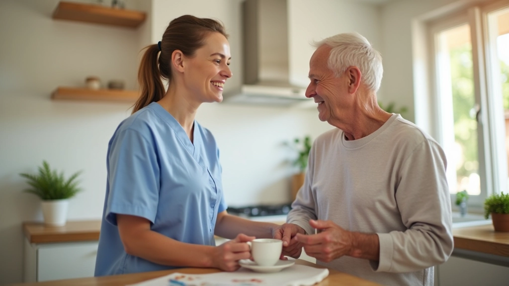 Caring companion helping elderly man with daily tasks in home setting, both smiling
