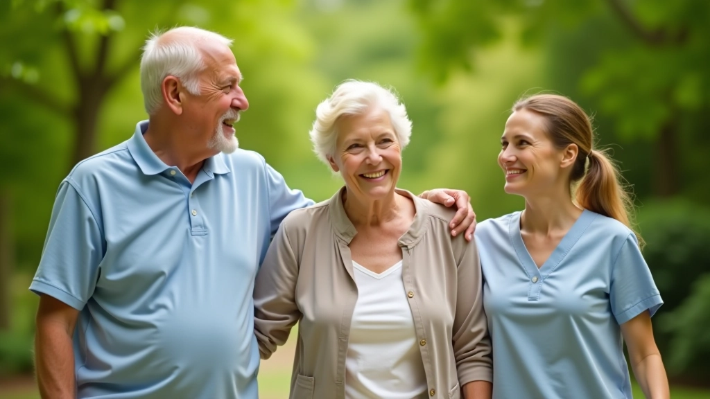Elderly couple with caregiver enjoying outdoor garden walk together, smiling and relaxed