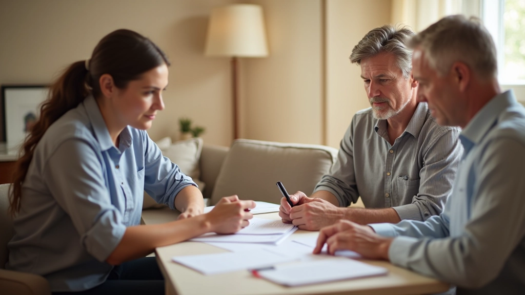Family consultation reviewing senior care planning documents and options with professional guidance