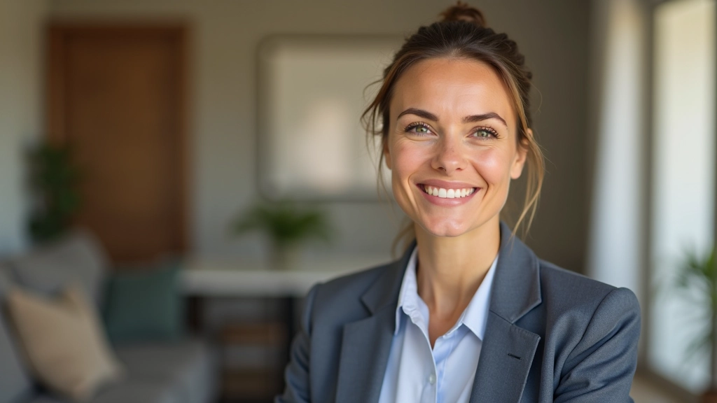 Mature female caregiver smiling warmly at camera in home living room, professional and approachable