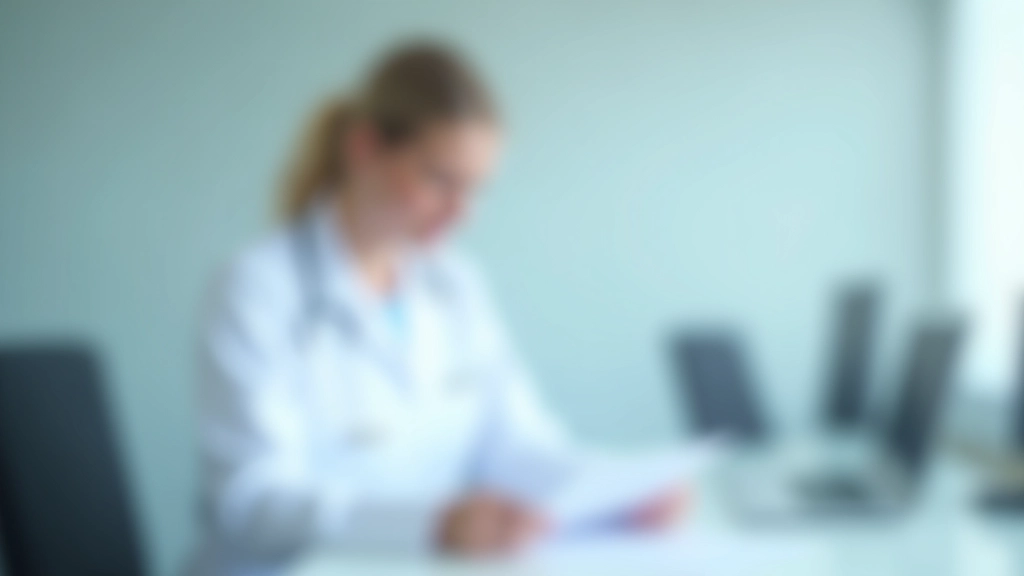 Medical professional reviewing patient charts at nursing station with modern electronic health records system and medical equipment visible