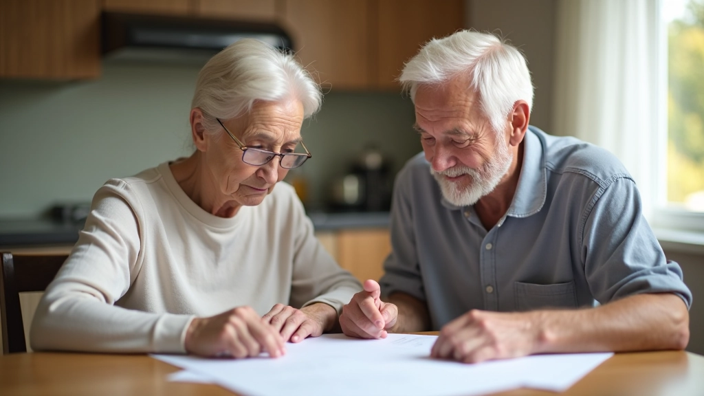 Senior couple reviewing financial documents at kitchen table with advisor nearby